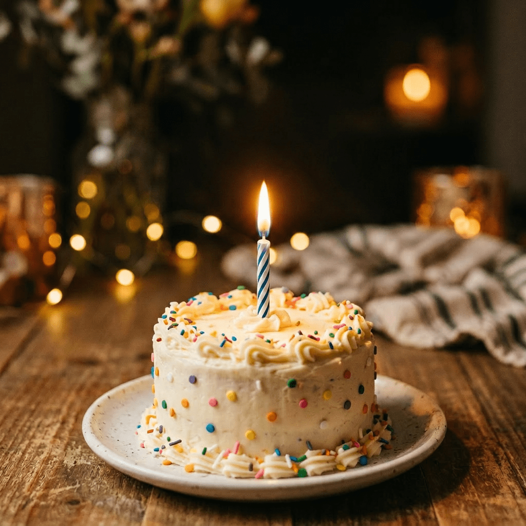 Small birthday cake with white frosting, rainbow sprinkles, single lit candle, and gold Happy Birthday topper