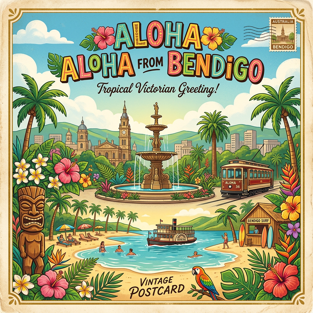 Vintage postcard illustration with tropical elements and Bendigo city landmarks