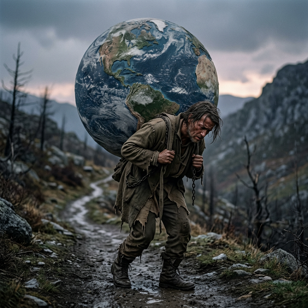 Man carrying a large globe of the Earth on his back while walking on a mountainous path