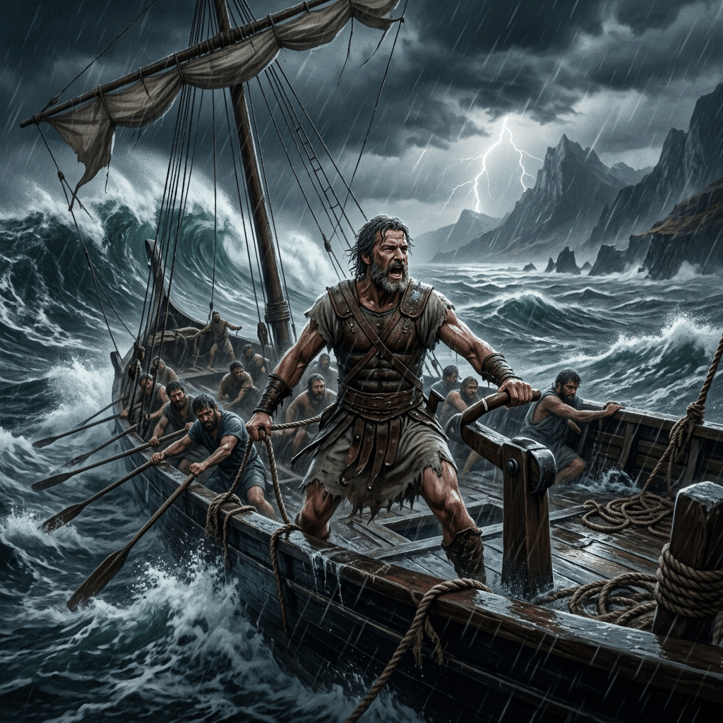 Sailors rowing a wooden ship through stormy seas with lightning in the background