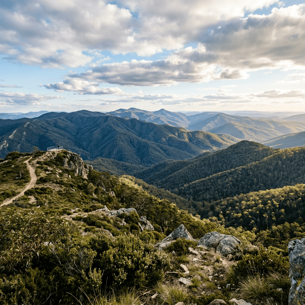 Mountain viewpoint with hiking trail overlooking forested hills under cloudy sky